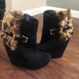 Nine West black suede wedge boots with faux fur